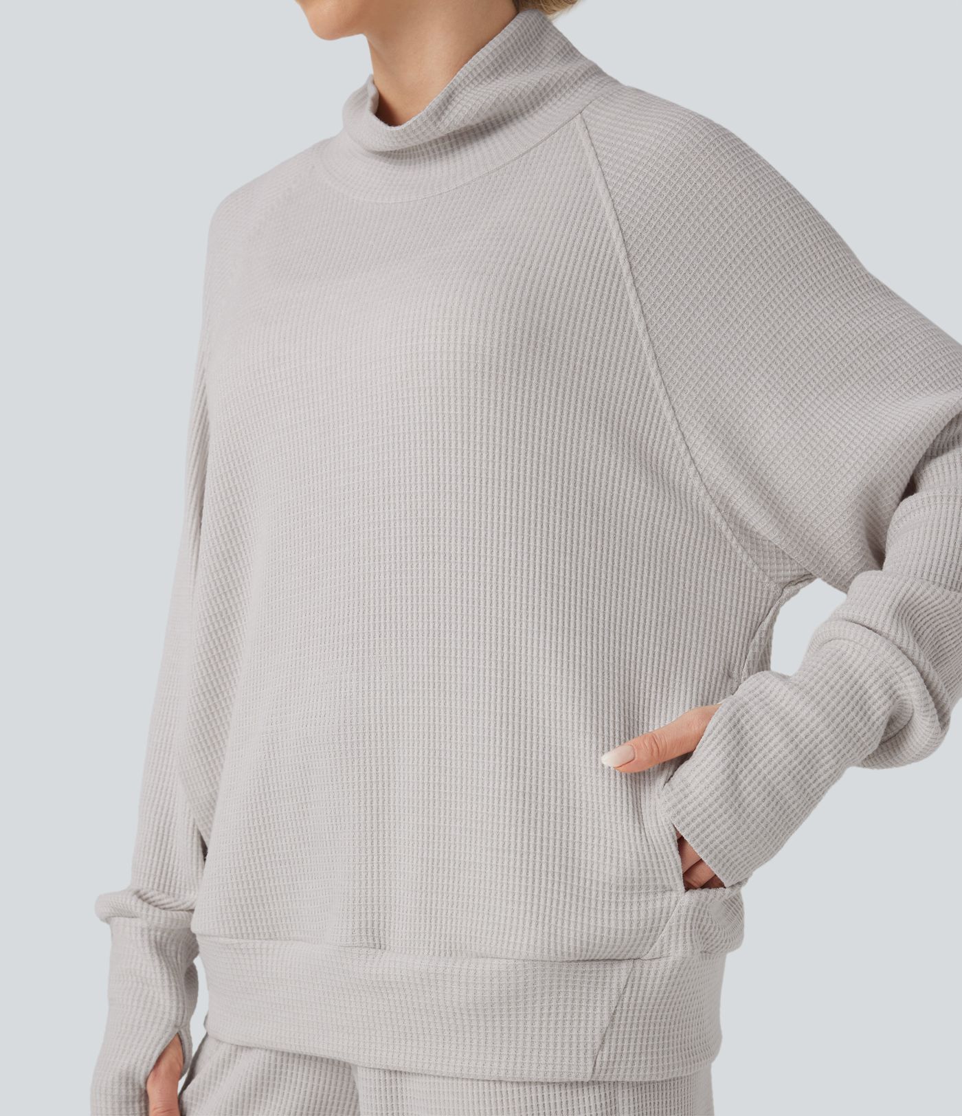 High-neck Long Sleeve Thumb Holes Oversized Waffle Casual Sweatshirt with Pockets