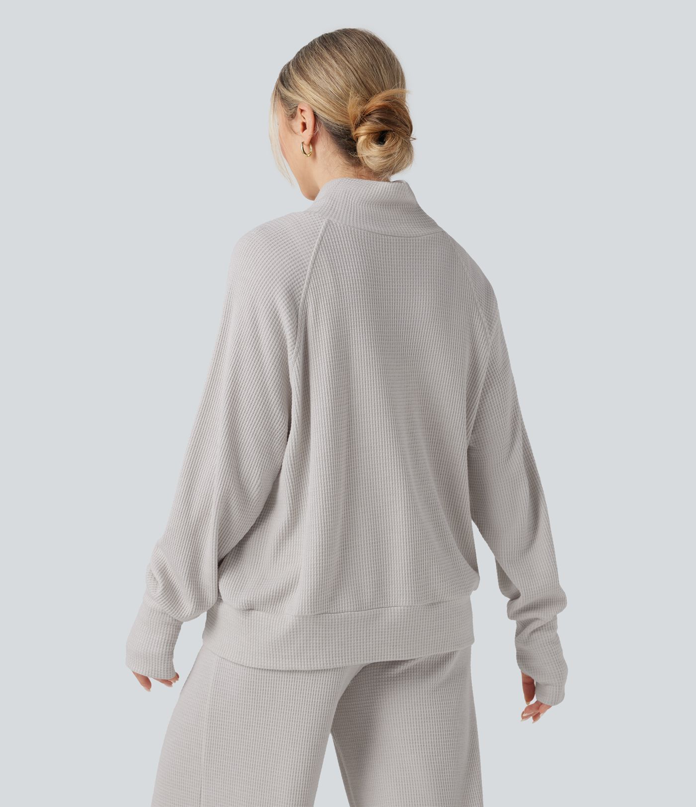 High-neck Long Sleeve Thumb Holes Oversized Waffle Casual Sweatshirt with Pockets