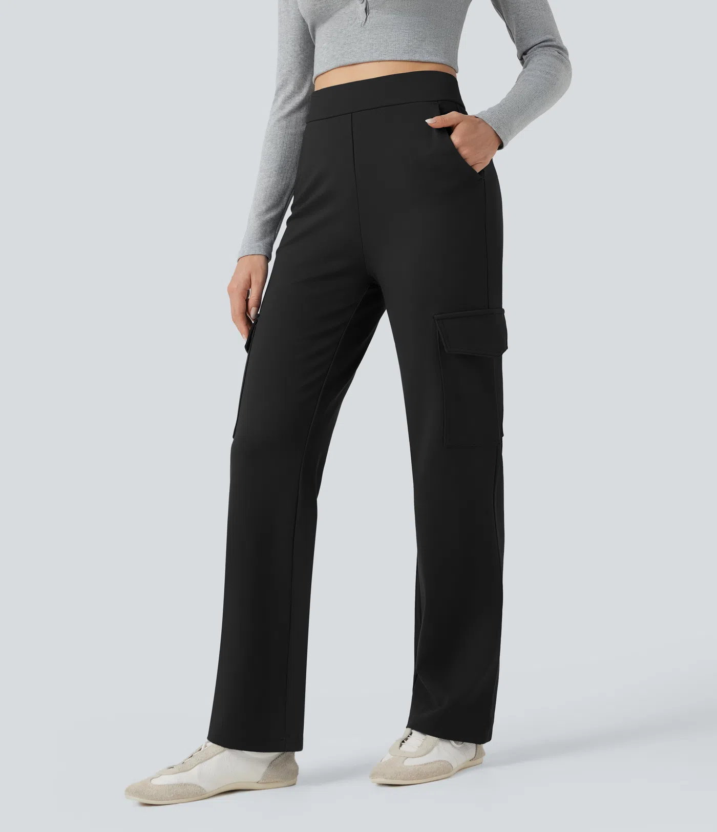 High Waisted Tummy Control Straight Leg Casual Cargo Pants with Pockets