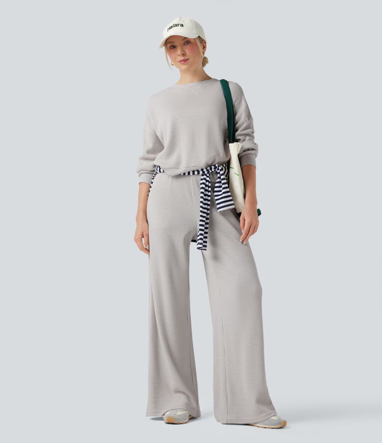 Sudadera casualde cuello redondo y manga larga con tejido waffle