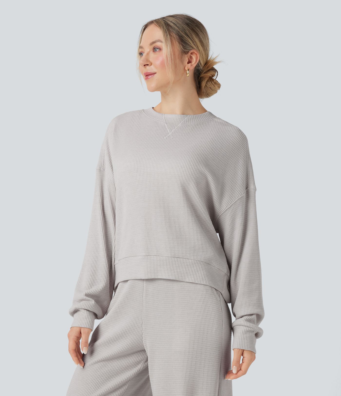 Sudadera casualde cuello redondo y manga larga con tejido waffle