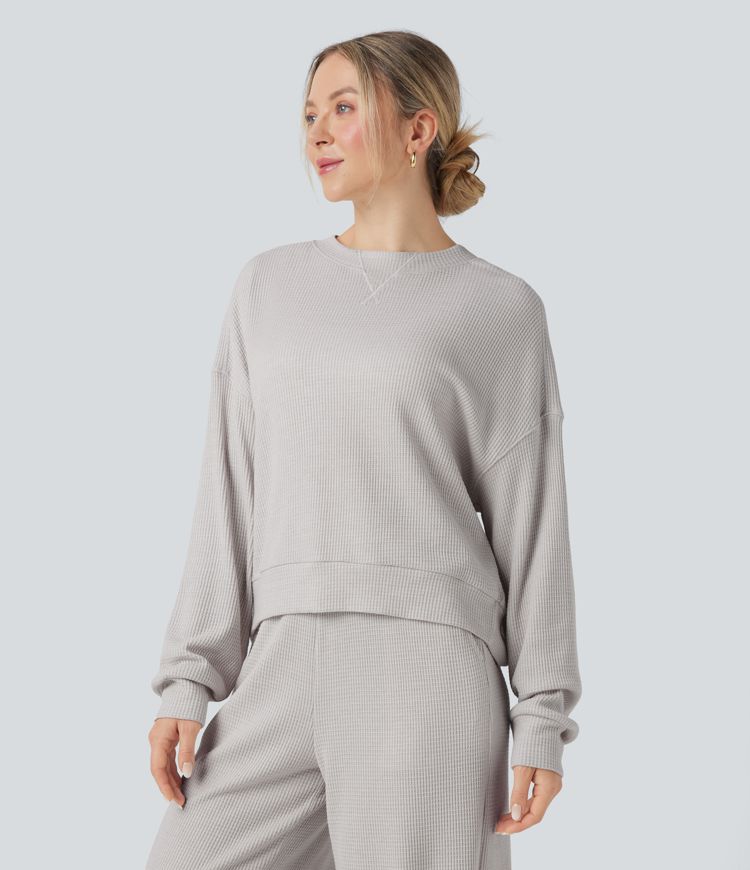 Round Neck Long Sleeve Waffle Casual Sweatshirt