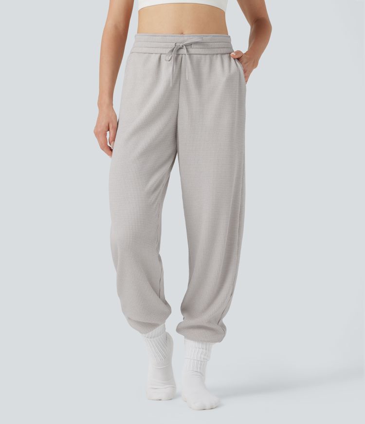 High Waisted Drawstring Waffle Casual Joggers with Pockets