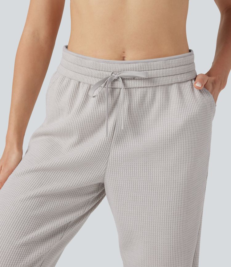 High Waisted Drawstring Waffle Casual Joggers with Pockets