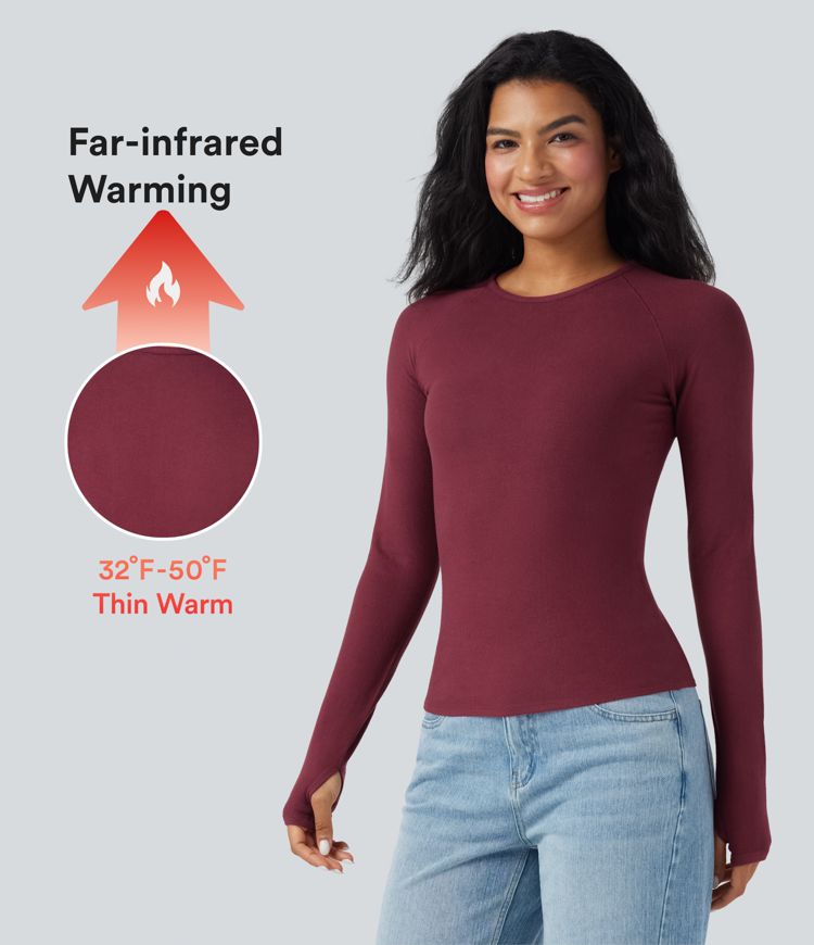 Round Neck Long Sleeve Thumb Holes Slim Casual Warming Top