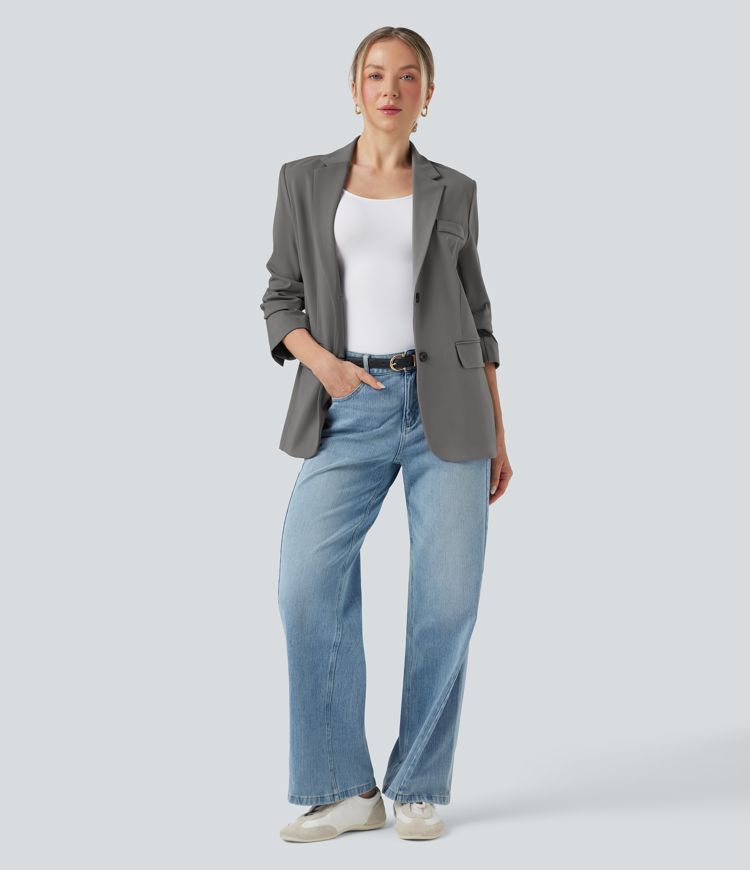 Notched Collar Long Sleeve Work Blazer with Pockets