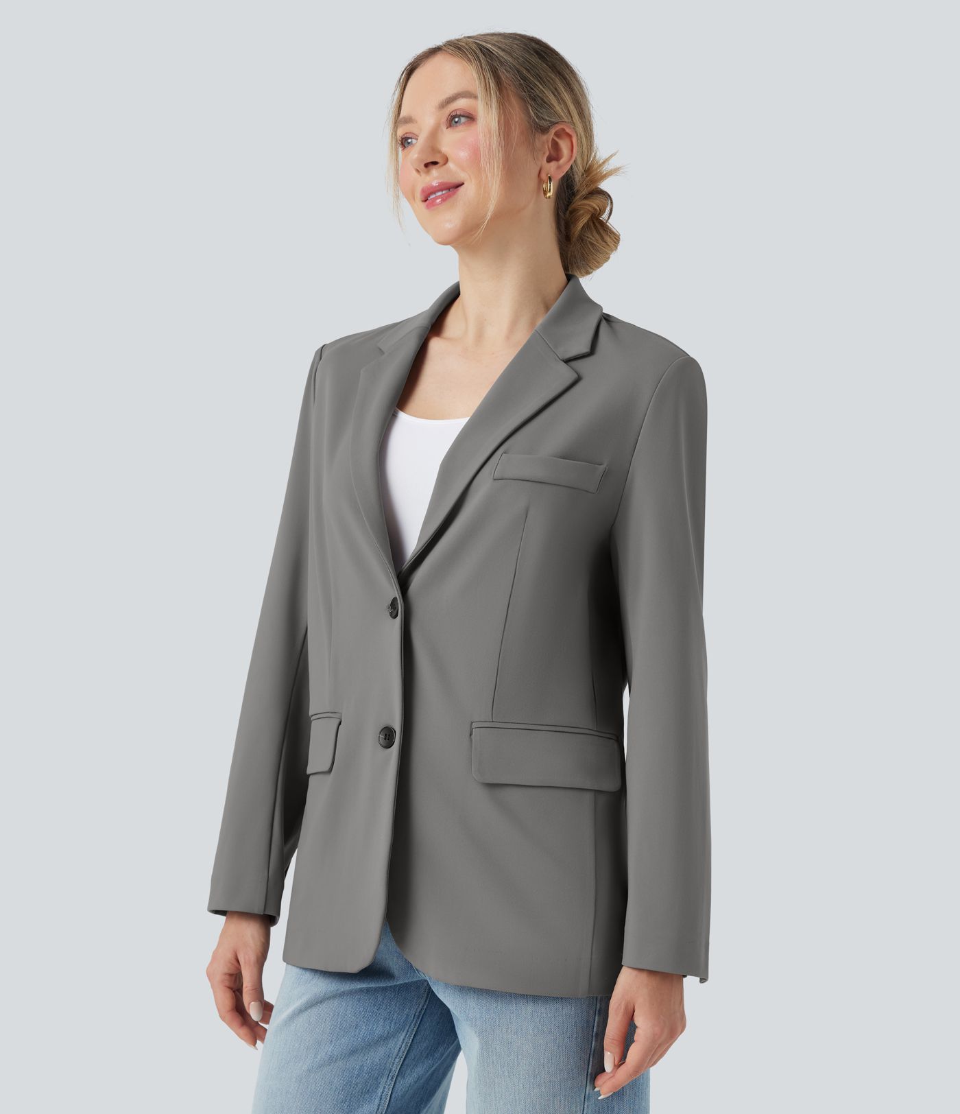 Notched Collar Long Sleeve Work Blazer with Pockets