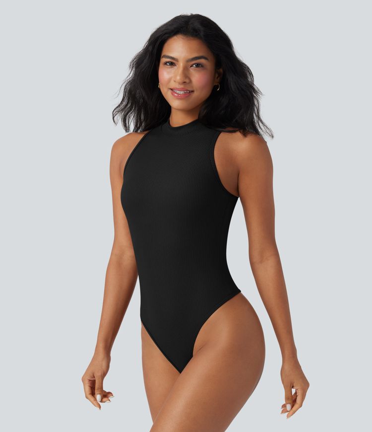 Ribbed Mock-neck Sleeveless Built-in Bra Work Bodysuit