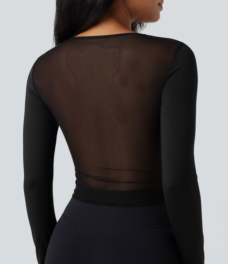 SoftlyZero™ Airy V Neck Long Sleeve Thumb Hole Contrast Mesh Cool Touch Yoga Sports Top