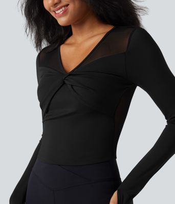 SoftlyZero™ Airy V Neck Long Sleeve Thumb Hole Contrast Mesh Cool Touch Yoga Sports Top