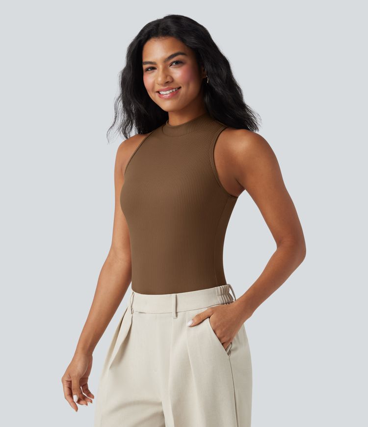 Ribbed Mock-neck Sleeveless Built-in Bra Work Bodysuit