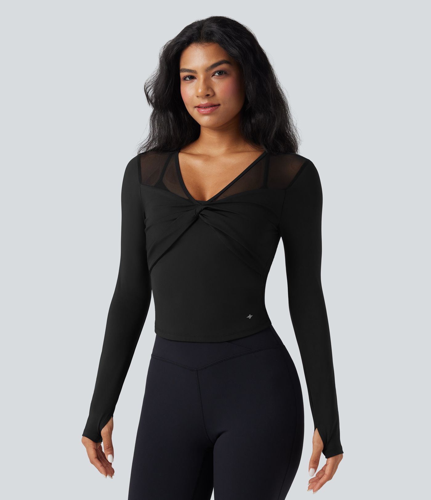 SoftlyZero™ Airy V Neck Long Sleeve Thumb Hole Contrast Mesh Cool Touch Yoga Sports Top