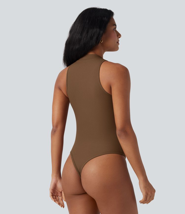 Ribbed Mock-neck Sleeveless Built-in Bra Work Bodysuit