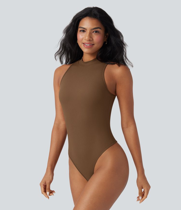 Ribbed Mock-neck Sleeveless Built-in Bra Work Bodysuit