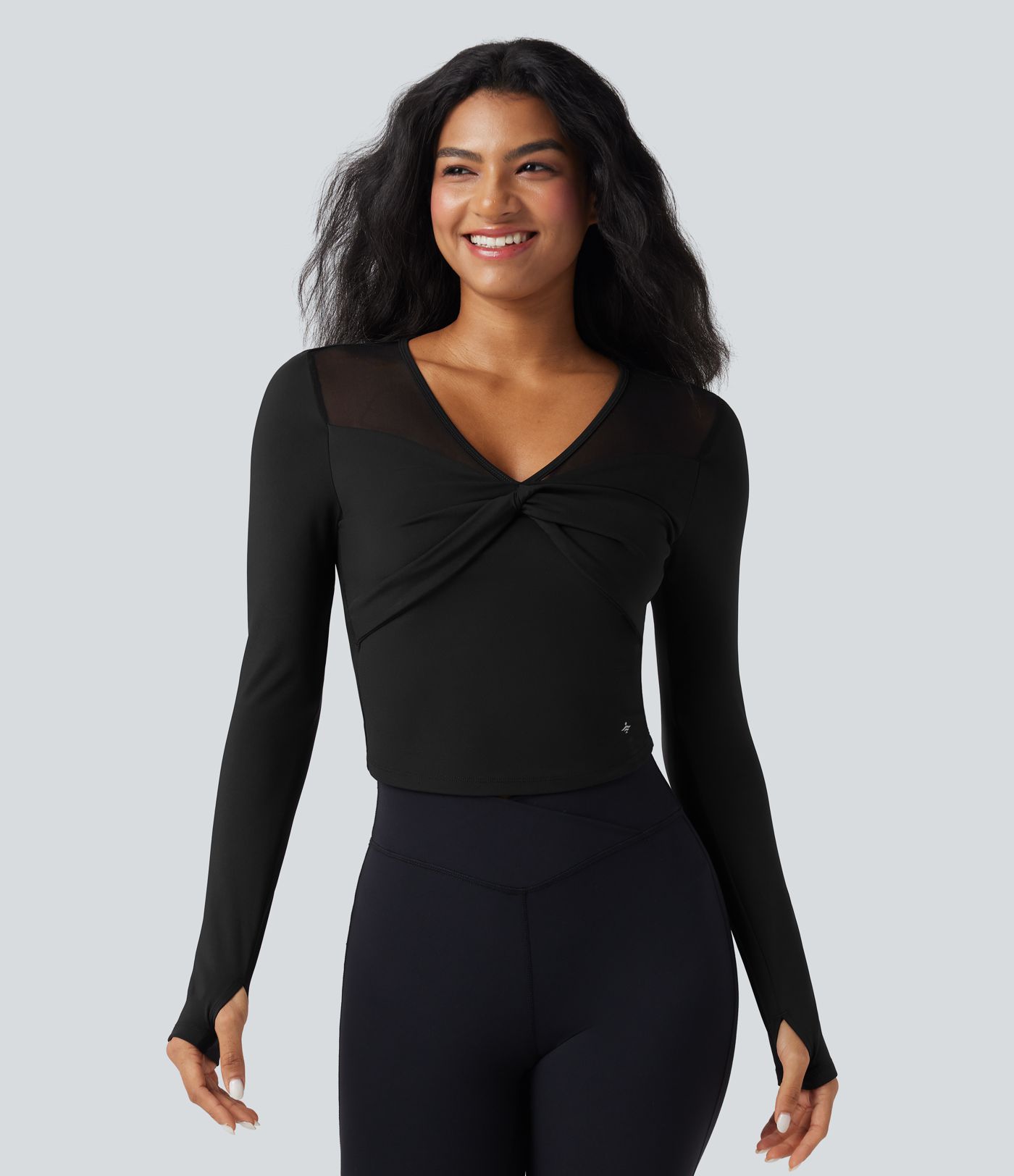 SoftlyZero™ Airy V Neck Long Sleeve Thumb Hole Contrast Mesh Cool Touch Yoga Sports Top