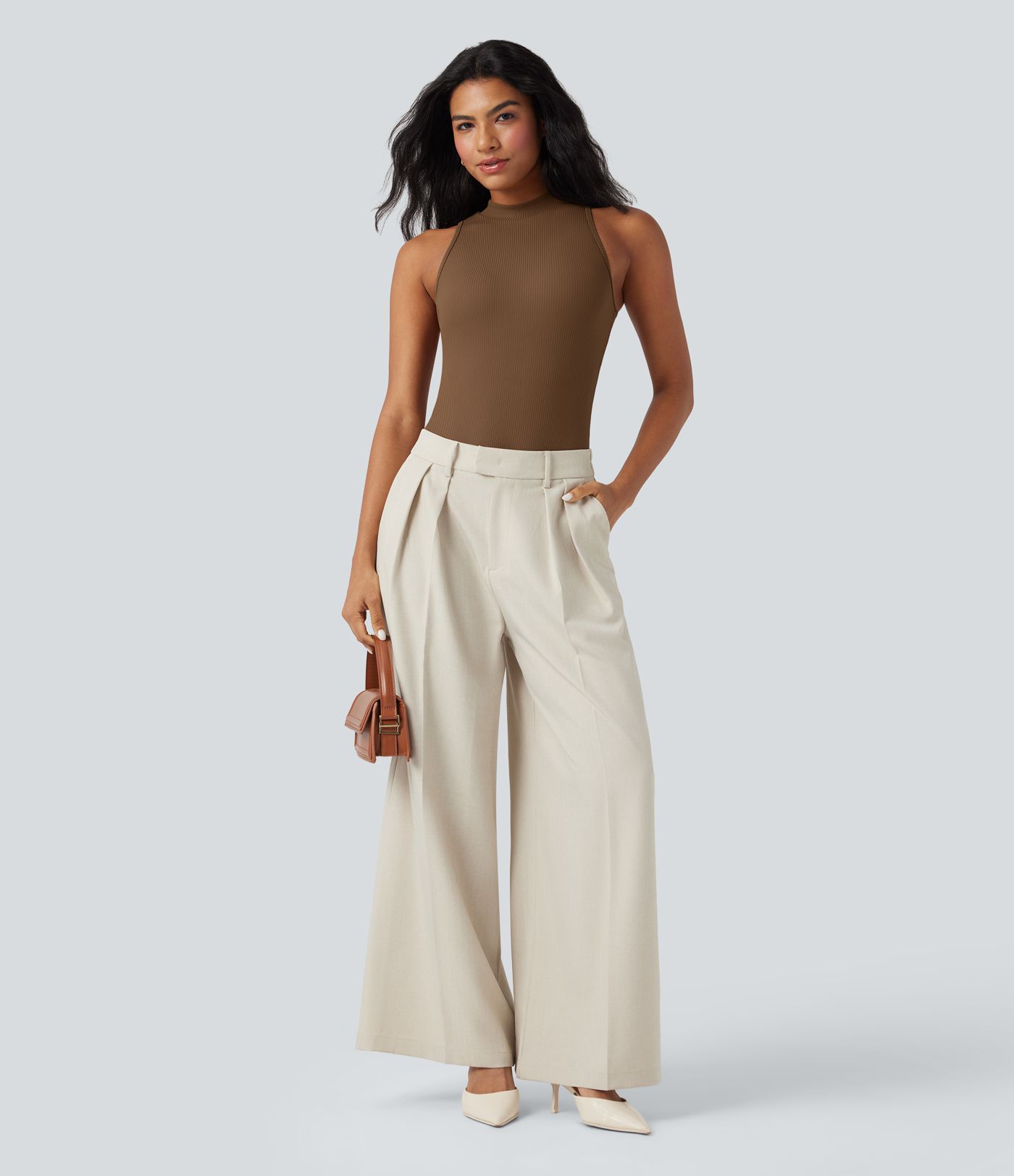 Ribbed Mock-neck Sleeveless Built-in Bra Work Bodysuit