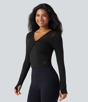 SoftlyZero™ Airy V Neck Long Sleeve Thumb Hole Contrast Mesh Cool Touch Yoga Sports Top
