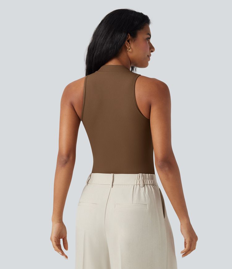 Ribbed Mock-neck Sleeveless Built-in Bra Work Bodysuit