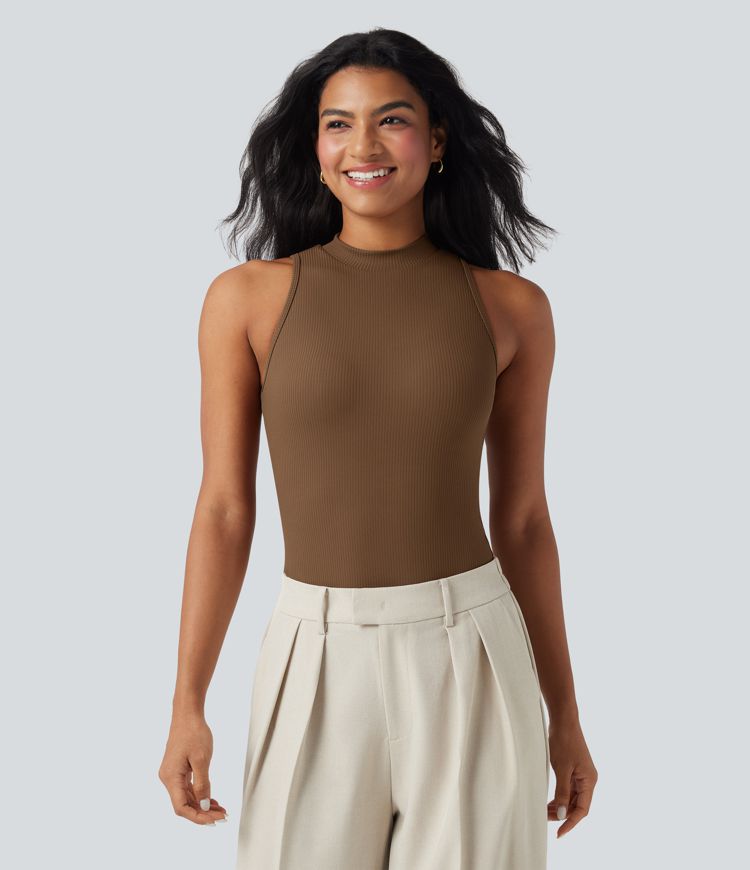 Ribbed Mock-neck Sleeveless Built-in Bra Work Bodysuit