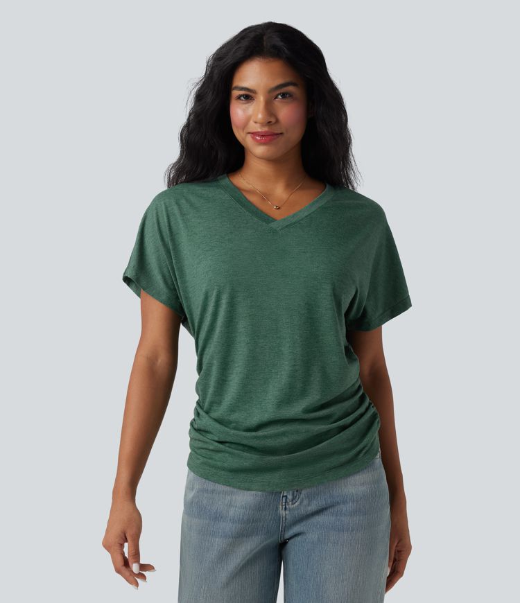 V-neck Short Sleeve Ruched Relaxed Casual Top