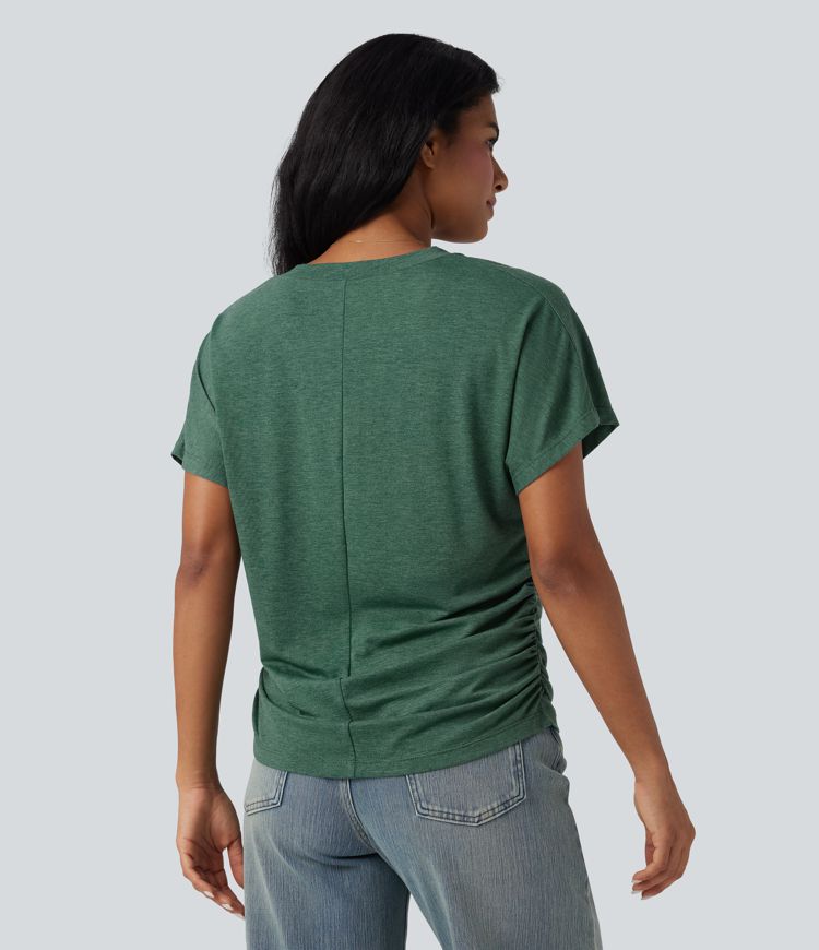 V-neck Short Sleeve Ruched Relaxed Casual Top