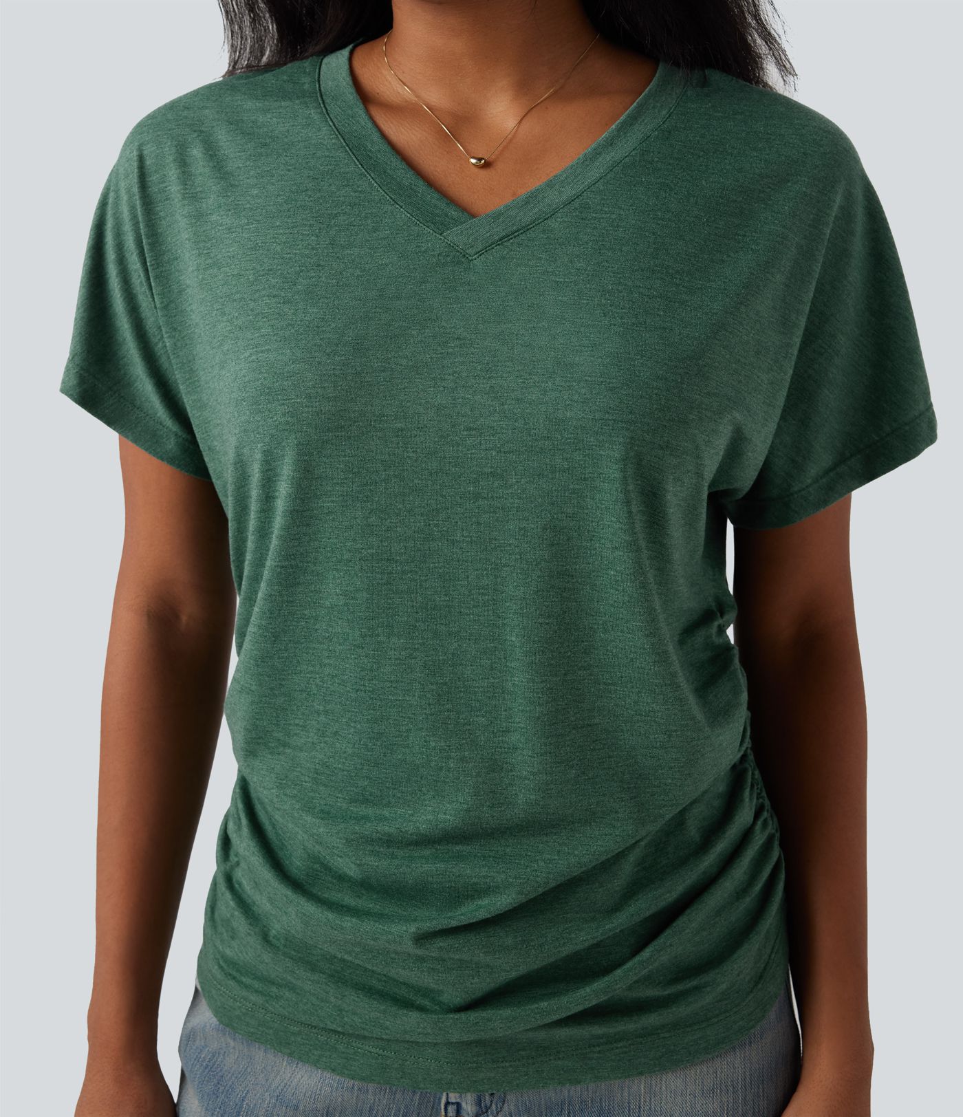 V-neck Short Sleeve Ruched Relaxed Casual Top