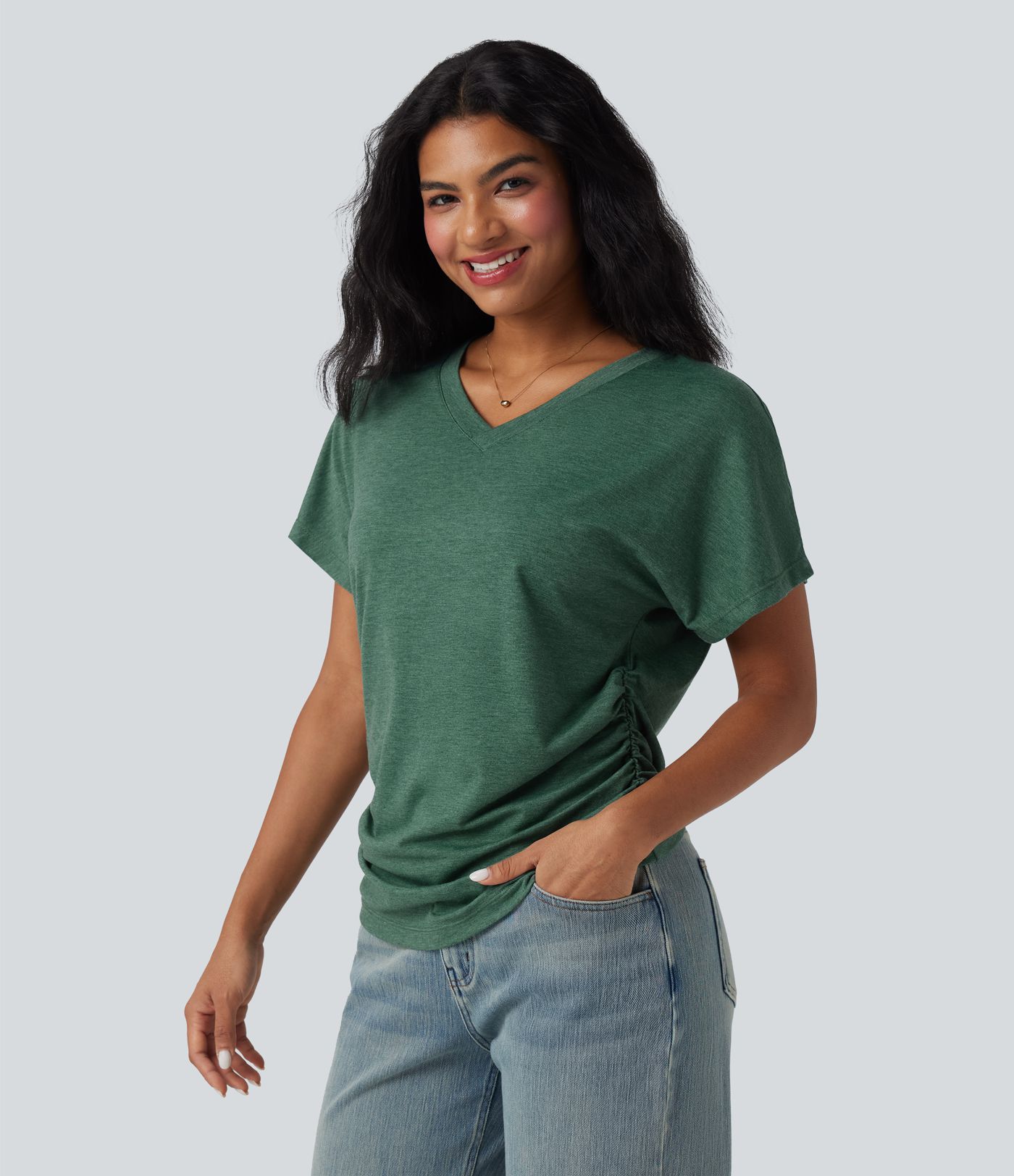 V-neck Short Sleeve Ruched Relaxed Casual Top
