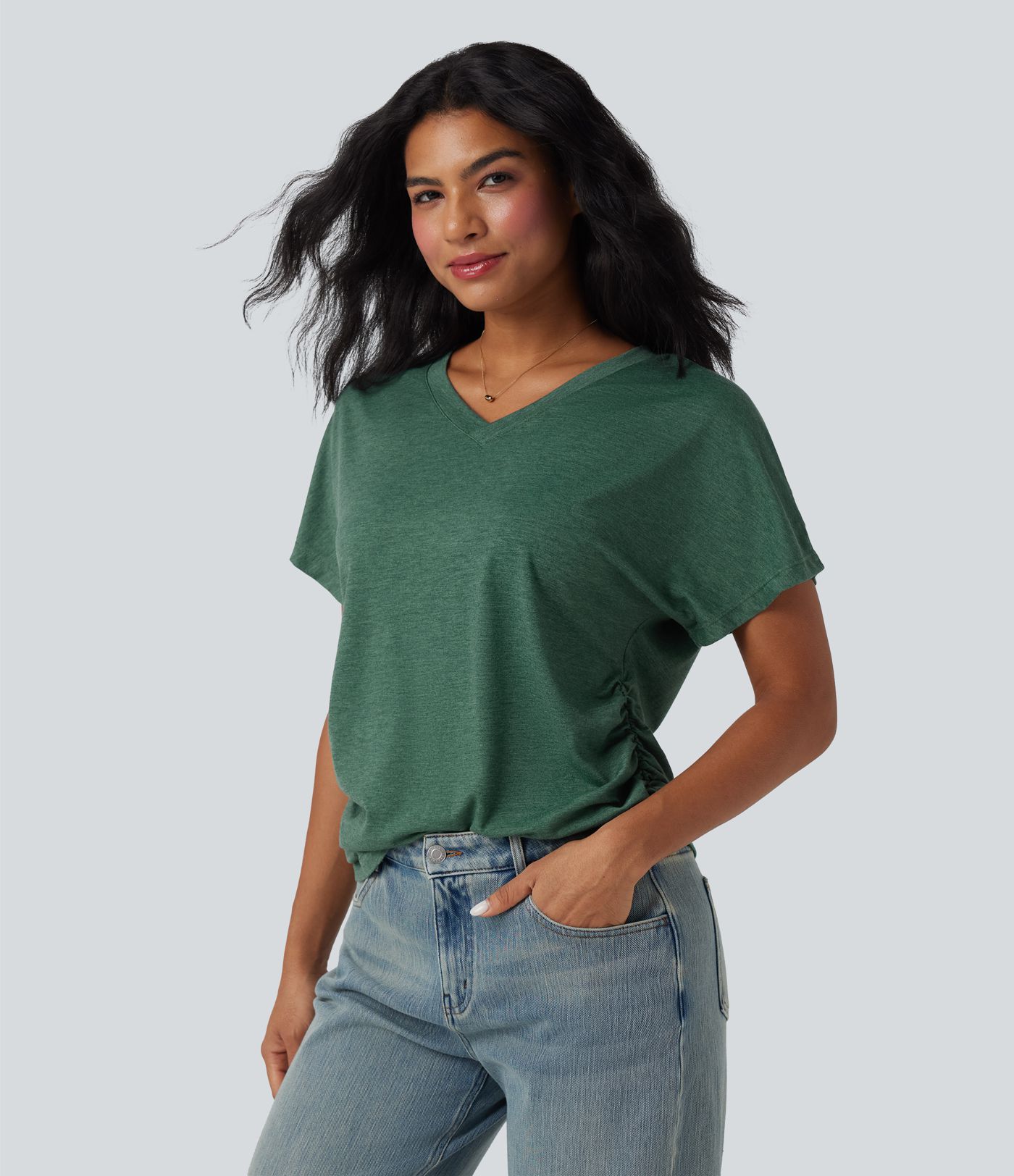 V-neck Short Sleeve Ruched Relaxed Casual Top