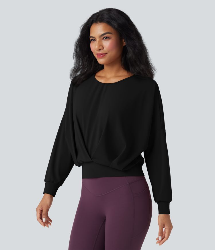 SoftlyZero™ Airy Crew Neck Long Sleeve Crossover Hem Yoga Sports Top
