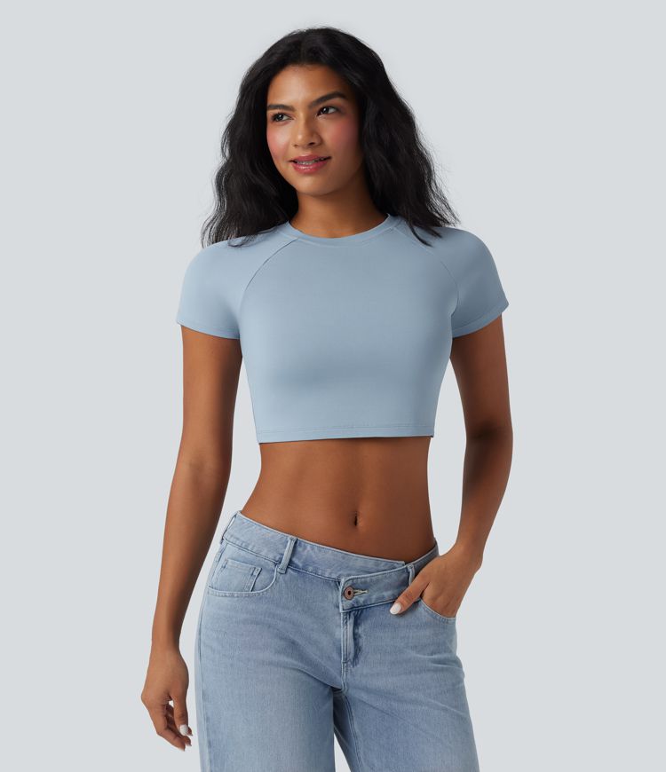 Round Neck Raglan Sleeve Cropped Casual T-Shirt