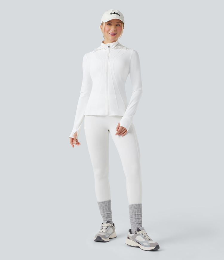 Veste de randonnée ajustée capuche amovible à trous pouces ourlet volants