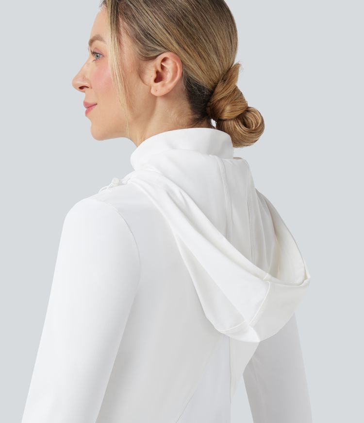 Veste de randonnée ajustée capuche amovible à trous pouces ourlet volants