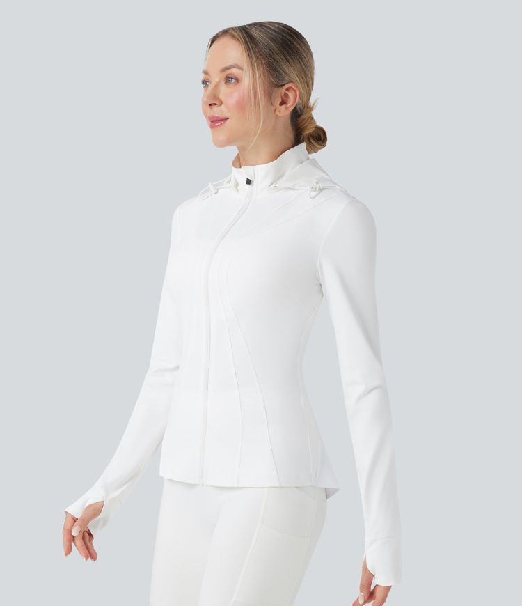 Veste de randonnée ajustée capuche amovible à trous pouces ourlet volants