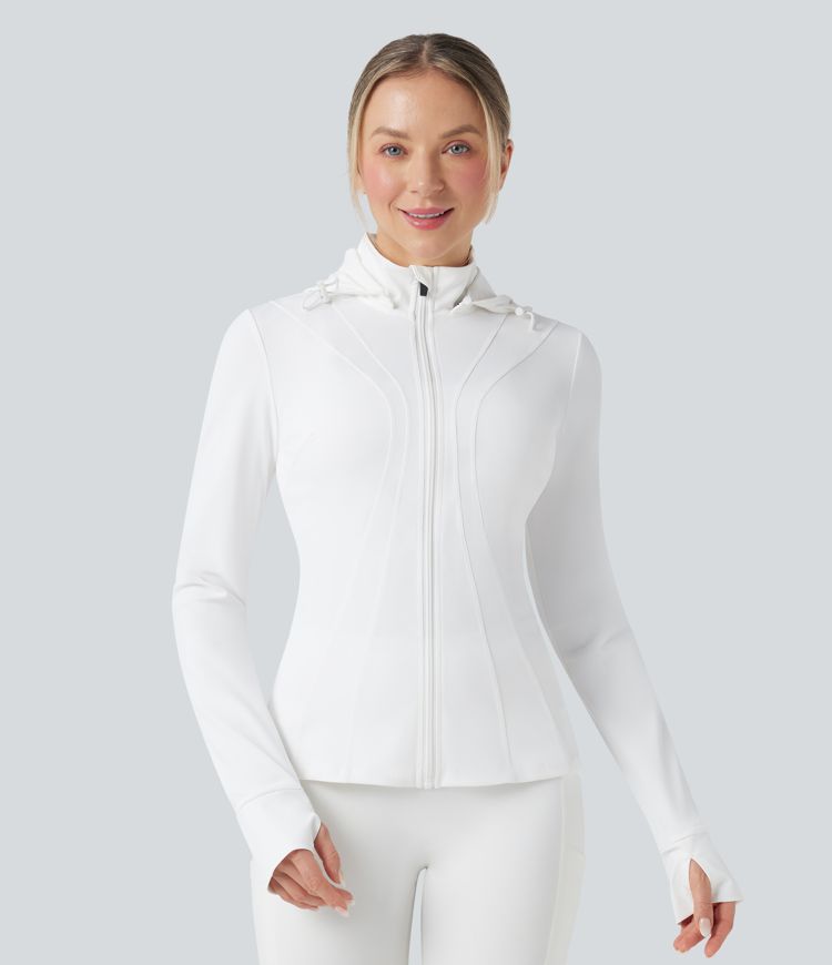 Veste de randonnée ajustée capuche amovible à trous pouces ourlet volants