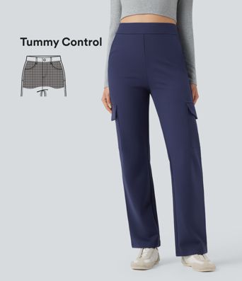 High Waisted Tummy Control Straight Leg Casual Cargo Pants with Pockets