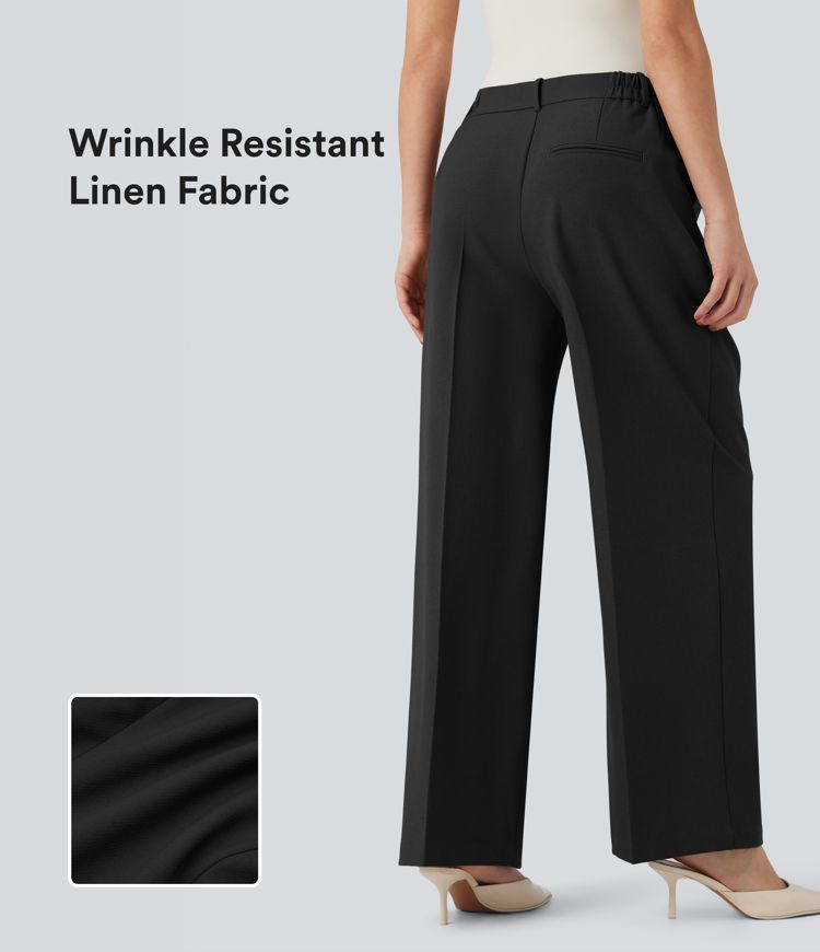High Waisted Straight Leg Work Linen Pants with Pockets