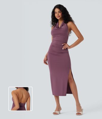 Cowl Neck Sleeveless Backless Split Bodycon Midi Dress