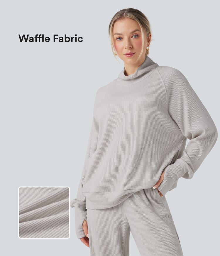 High-neck Long Sleeve Thumb Holes Oversized Waffle Casual Sweatshirt with Pockets