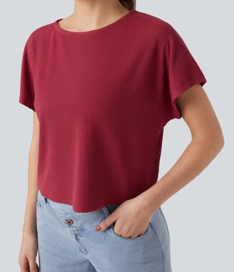 Camiseta casual holgada de punto acanalado con mangas de murciélago