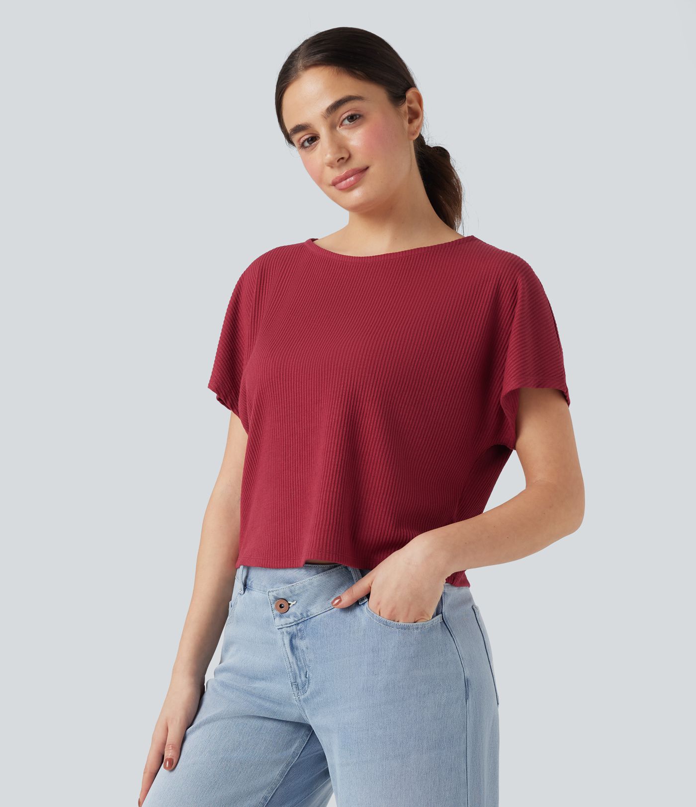 Camiseta casual holgada de punto acanalado con mangas de murciélago