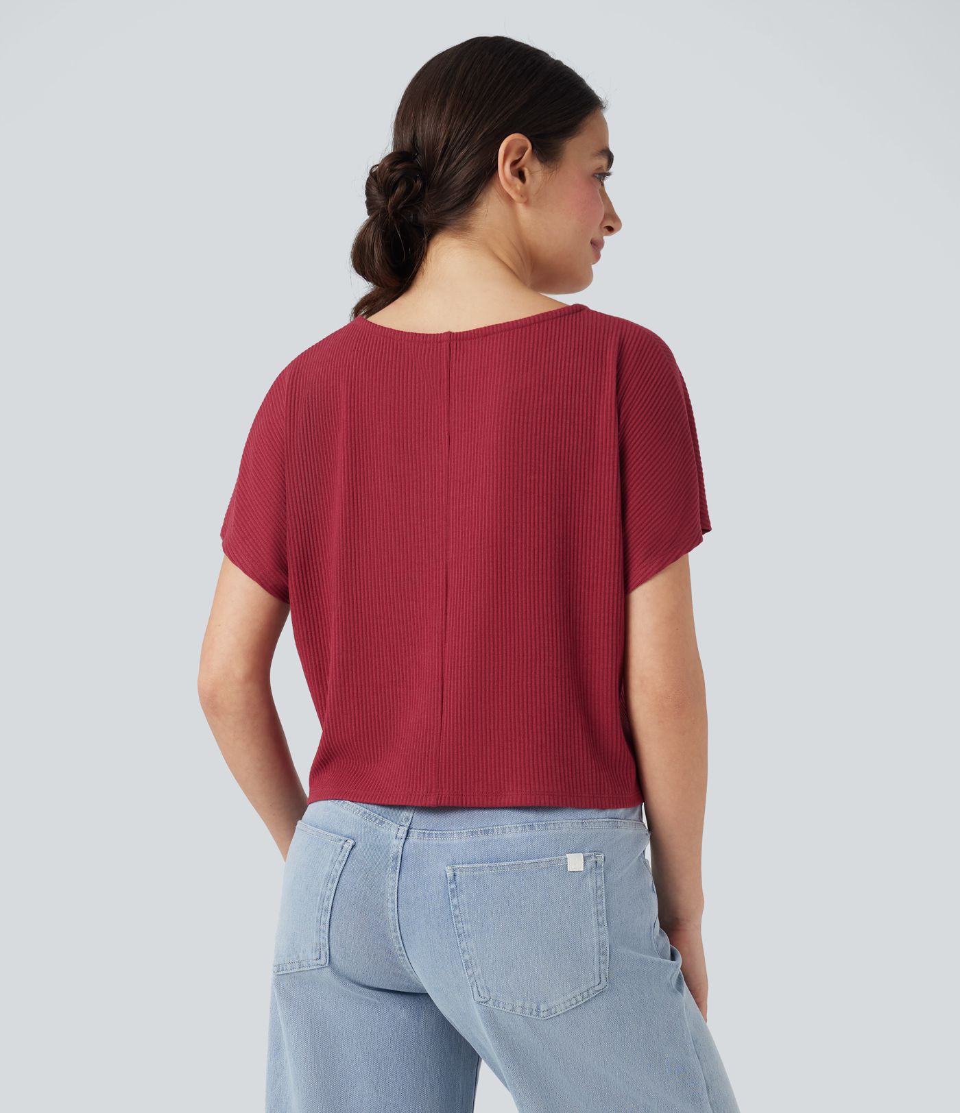 Camiseta casual holgada de punto acanalado con mangas de murciélago