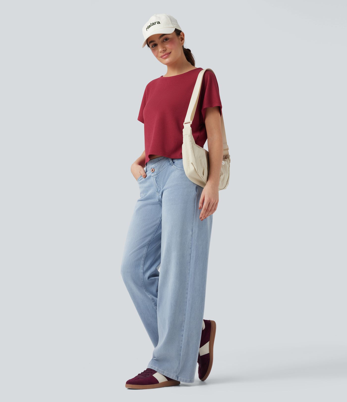 Camiseta casual holgada de punto acanalado con mangas de murciélago