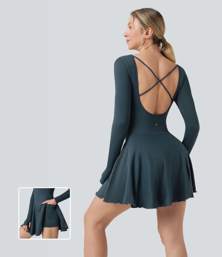 Seamless Flow Backless Long Sleeve Thumb Holes 2-in-1 Mini Tennis Active Dress with Pockets