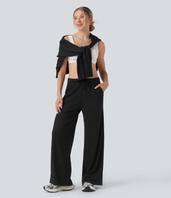 Mid Rise Drawstring Waffle Casual Baggy Pants with Pockets
