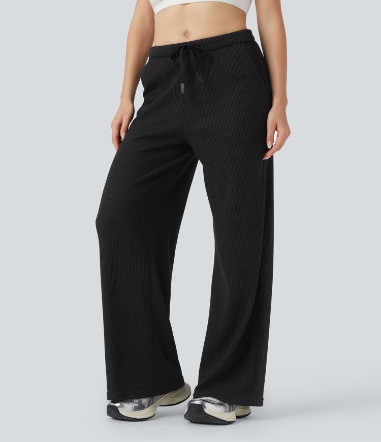 Mid Rise Drawstring Waffle Casual Baggy Pants with Pockets