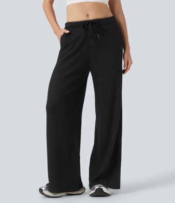 Mid Rise Drawstring Waffle Casual Baggy Pants with Pockets