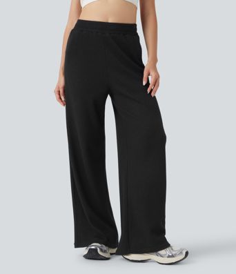 Mid Rise Drawstring Waffle Casual Baggy Pants with Pockets