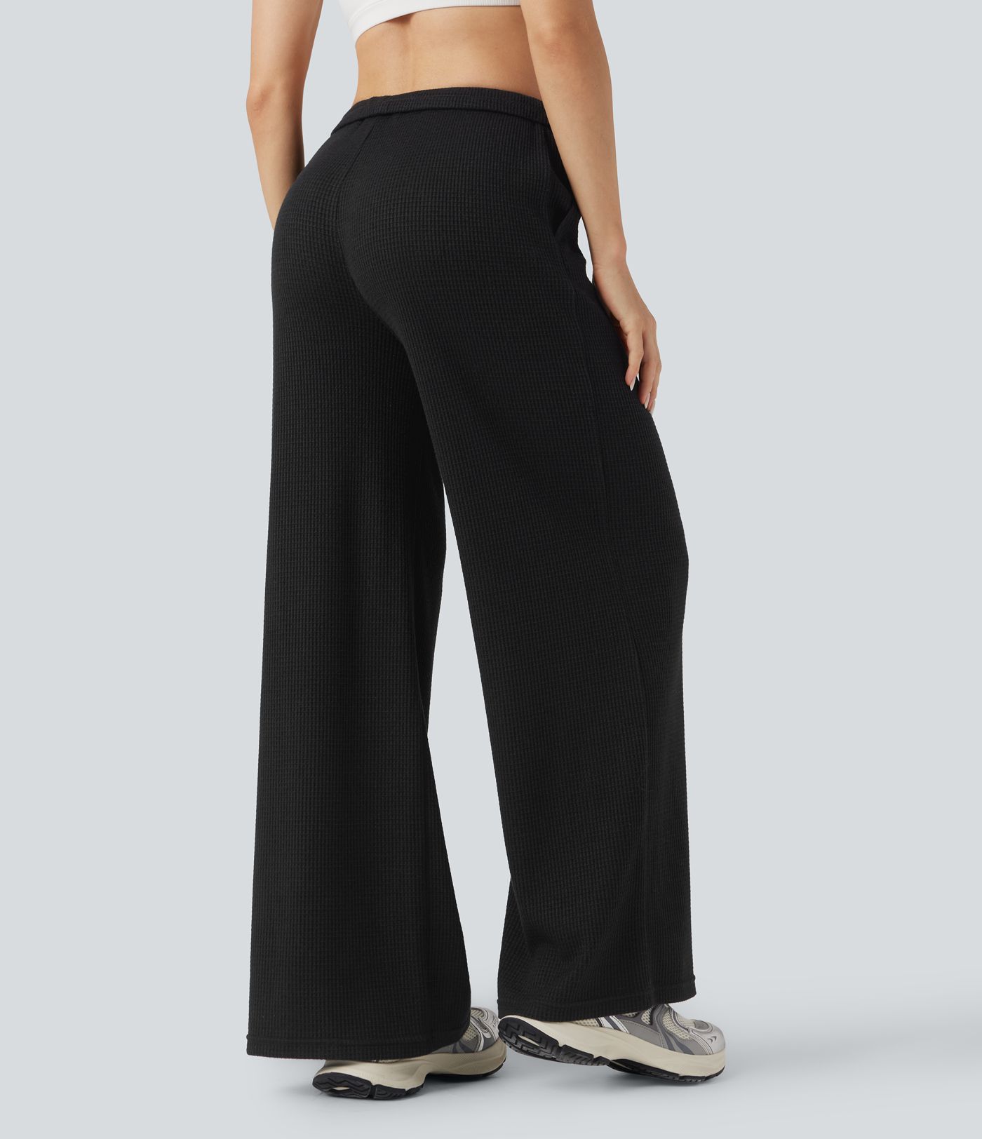 Mid Rise Drawstring Waffle Casual Baggy Pants with Pockets