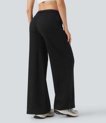 Mid Rise Drawstring Waffle Casual Baggy Pants with Pockets