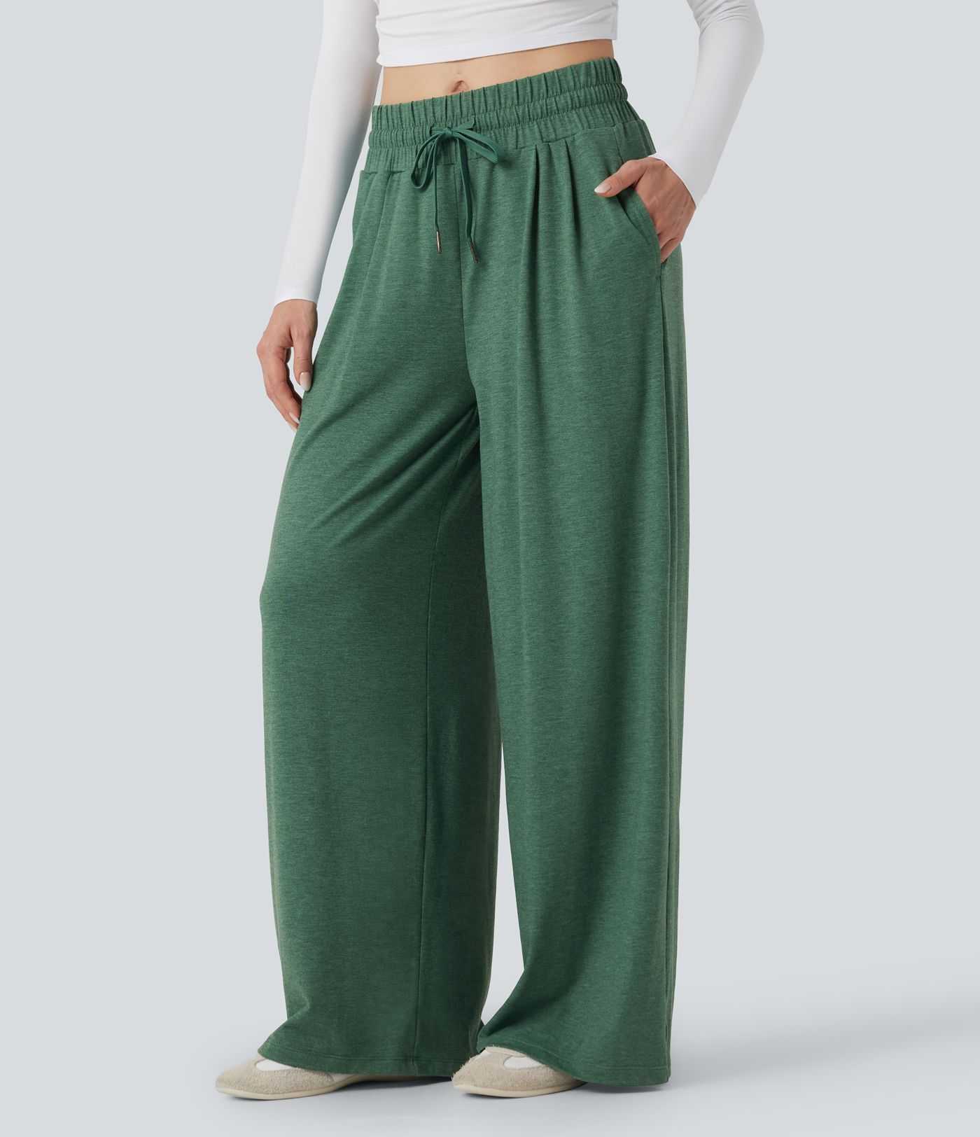 Mid Rise Drawstring Heathered Casual Baggy Pants with Pockets